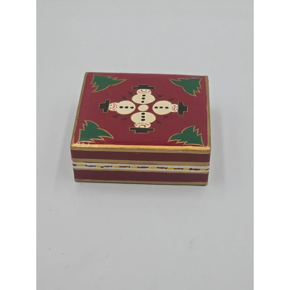 Vintage Foreside Hand-Painted Lacquer Wood Christmas Coaster Set of 6 with Box